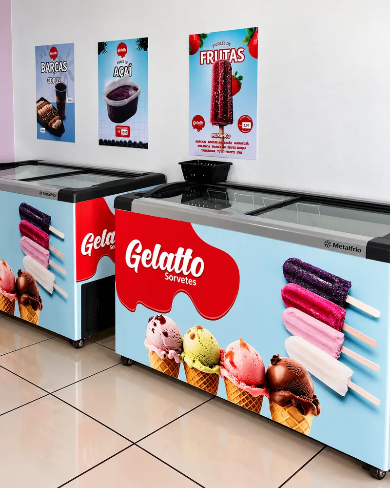 Interior da Gelatto em Cruz Alta com dois freezers personalizados da marca.