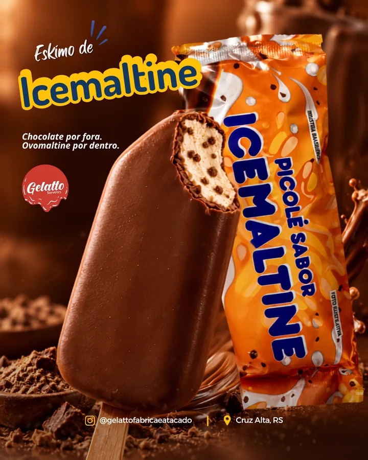 Campanha Eskimo de Icemaltine com picolé coberto de chocolate e embalagem laranja.